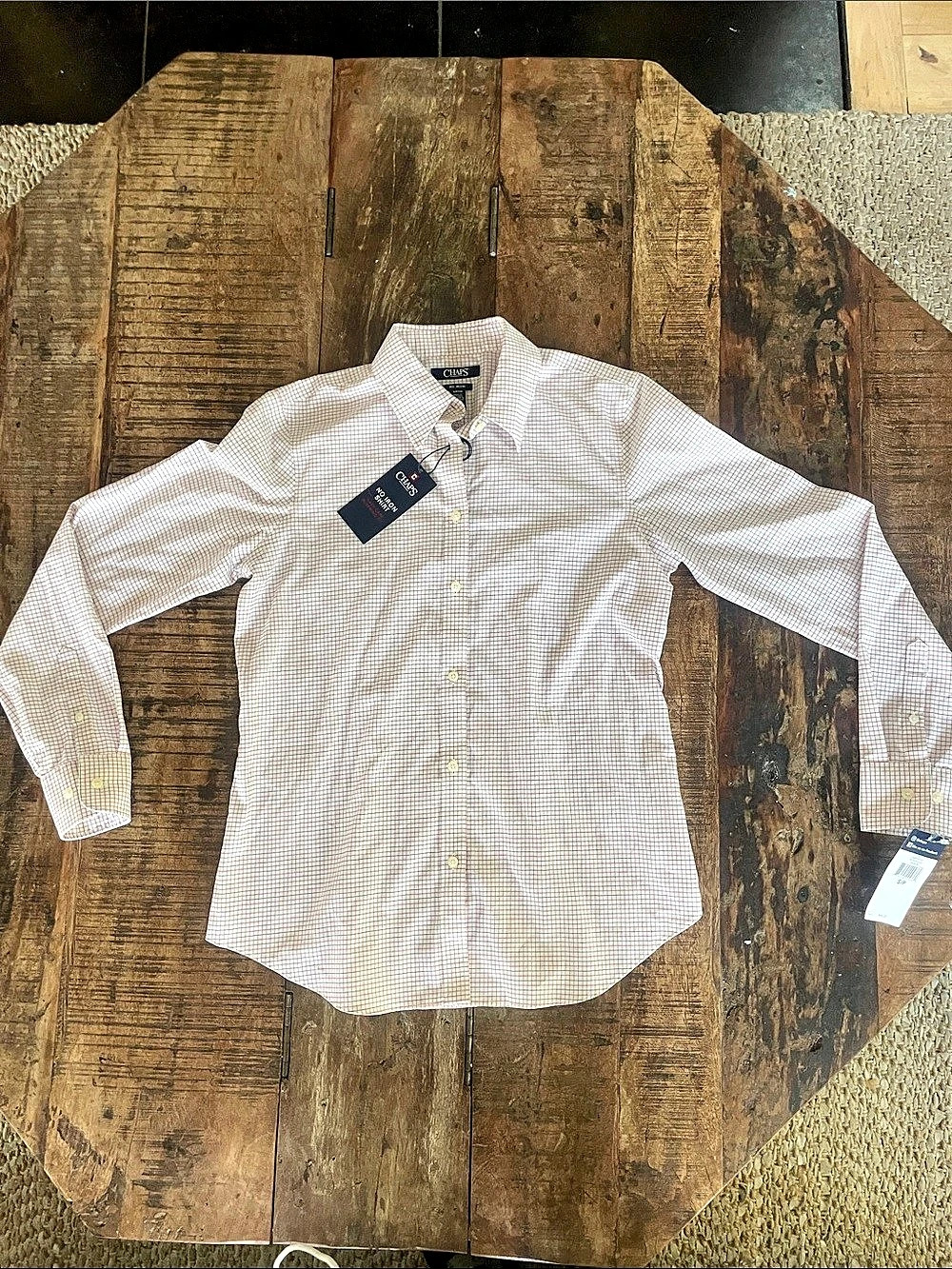 Chaps Icon No Iron Shirt Plaid Fitted Shirt in White & Pink Size Small NWT